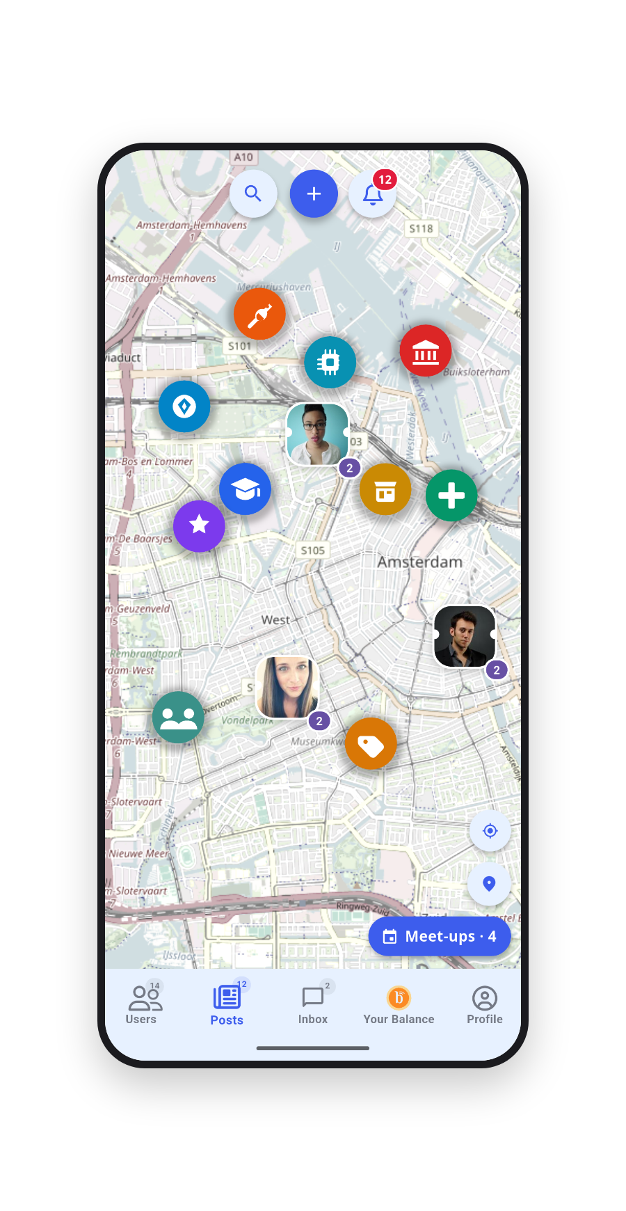 Posts and meet-ups on the map